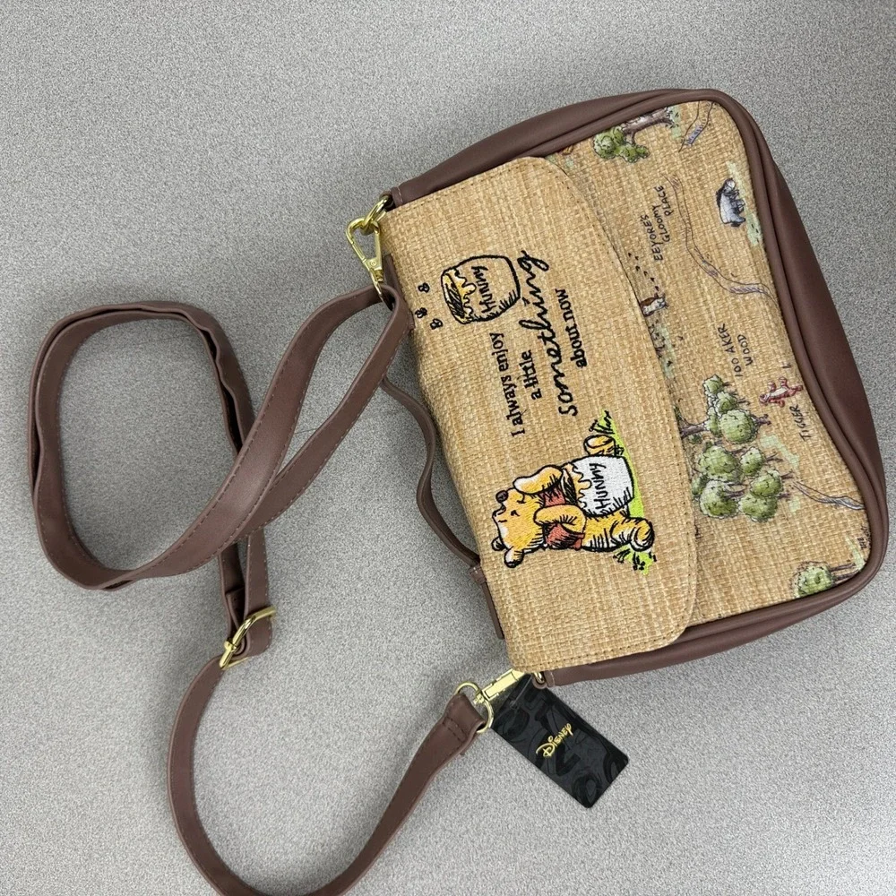 Disney Bag Womens Tan Winnie the Pooh Hundred Acre Crossbody Straw Buckle Down
